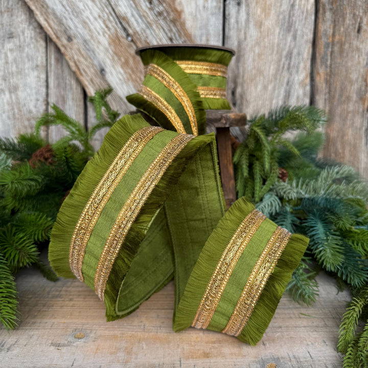 2.5" Moss Green Fringe Ribbon, Fall Ribbon, Christmas Ribbon