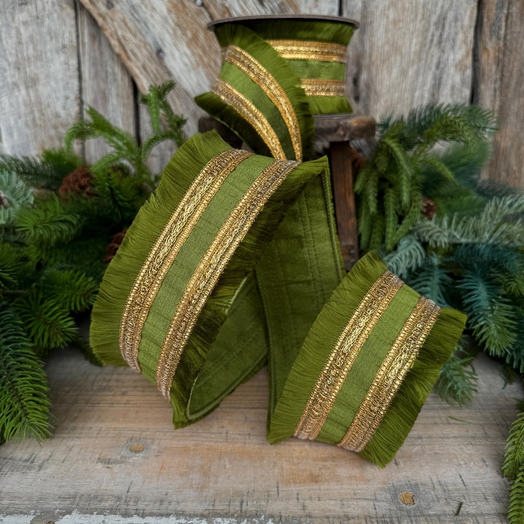 2.5" Moss Green Fringe Ribbon, Fall Ribbon, Christmas Ribbon