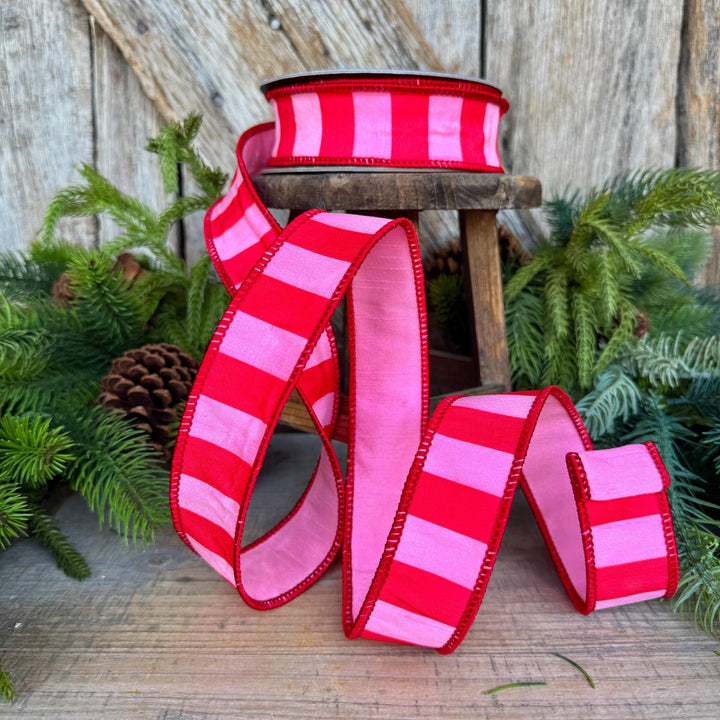 1.5" Red &amp; Pink Stripe Ribbon, Christmas Ribbon