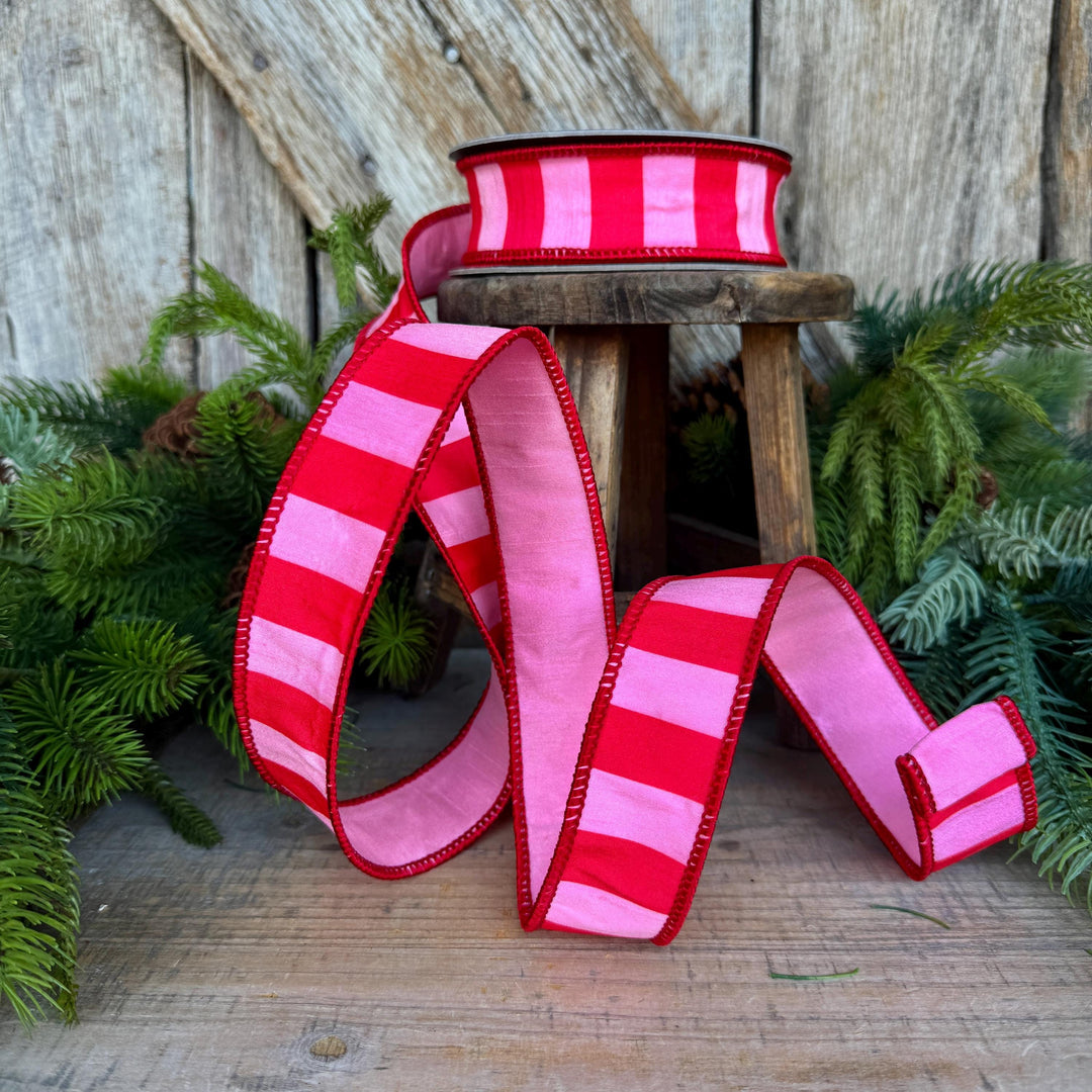 1.5" Red &amp; Pink Stripe Ribbon, Christmas Ribbon, Pinkmas Ribon, Candy Cane Ribbon, Pink Ribbon, Pink Christmas Tree Ribbon, Wired Ribbon