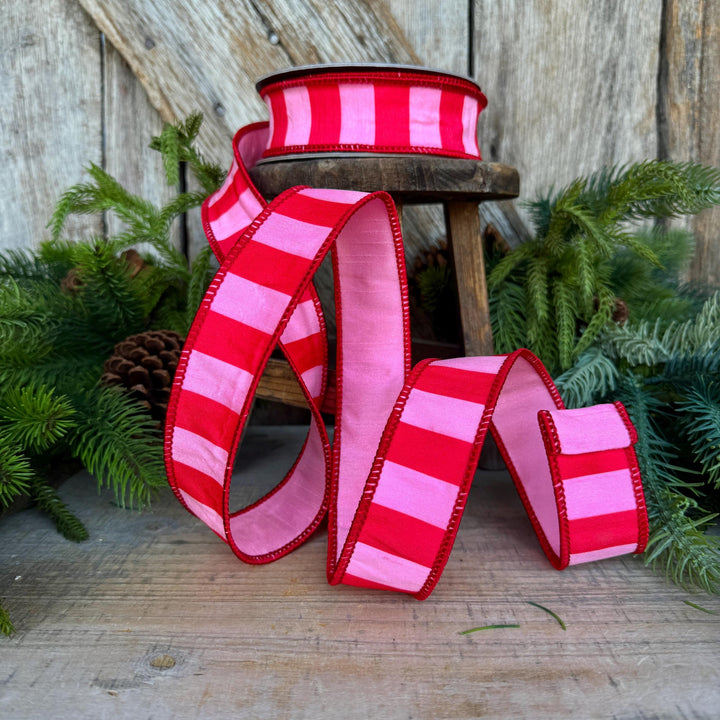 1.5" Red &amp; Pink Stripe Ribbon, Christmas Ribbon
