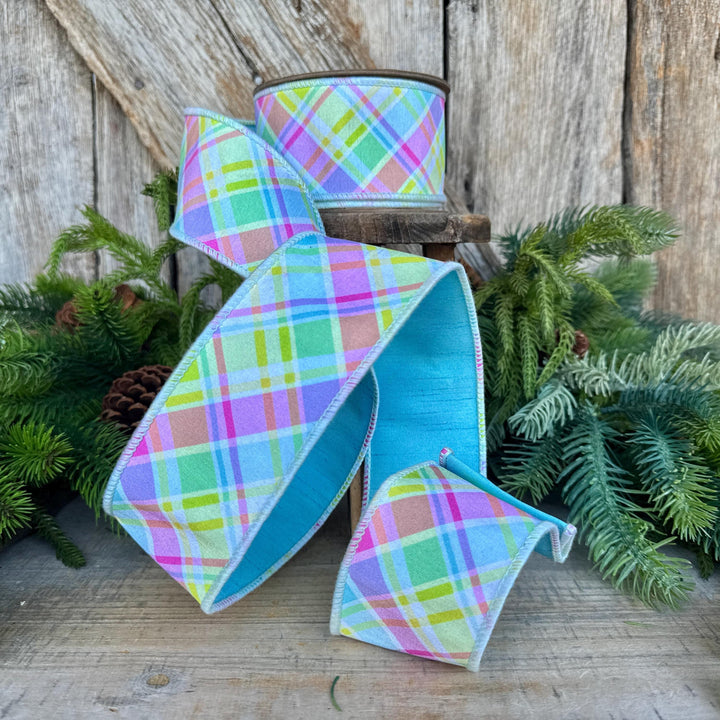2.5" Blue Pastel Plaid Wired RIbbon, Spring Ribbon, Summer RIbbon