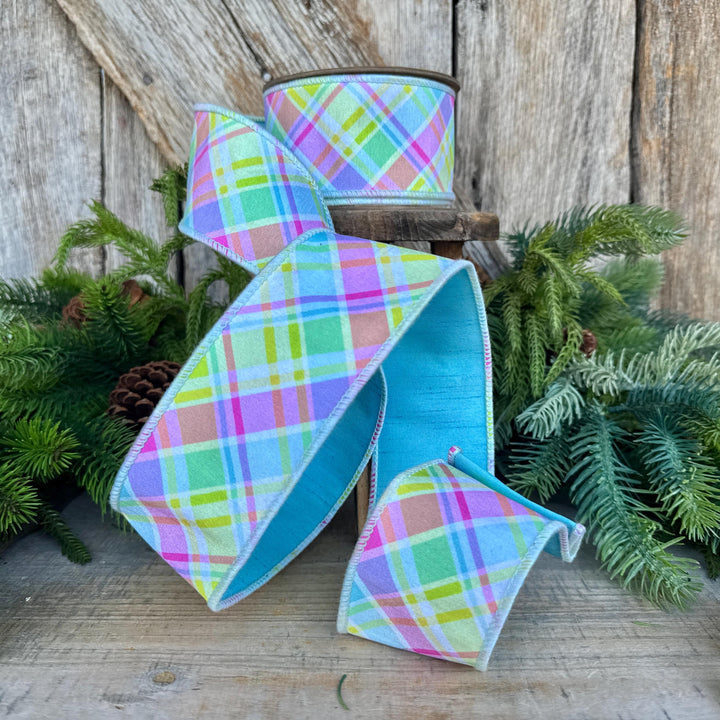 2.5" Blue Pastel Plaid Wired RIbbon, Spring Ribbon, Summer RIbbon