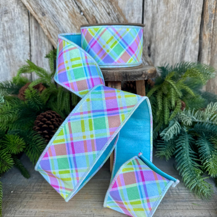 2.5" Blue Pastel Plaid Wired RIbbon, Spring Ribbon, Summer RIbbon