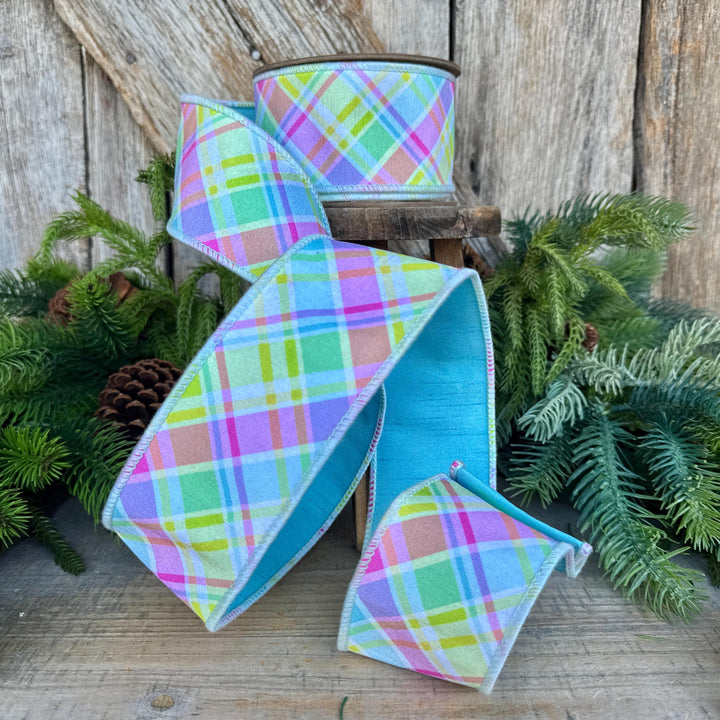 2.5" Blue Pastel Plaid Wired RIbbon, Spring Ribbon, Summer RIbbon