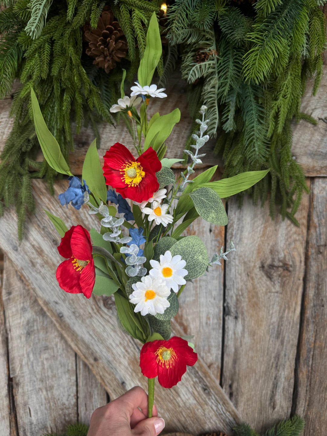 28" Patriotic Poppy Floral Spray | Red Poppies, White Daisies &amp; Blue Wildflowers | Artificial Flower Stem