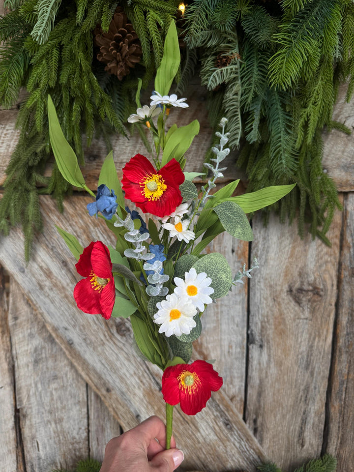 28" Patriotic Poppy Floral Spray | Red Poppies, White Daisies &amp; Blue Wildflowers | Artificial Flower Stem
