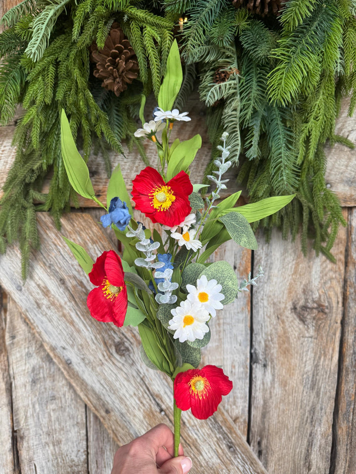 28" Patriotic Poppy Floral Spray | Red Poppies, White Daisies &amp; Blue Wildflowers | Artificial Flower Stem