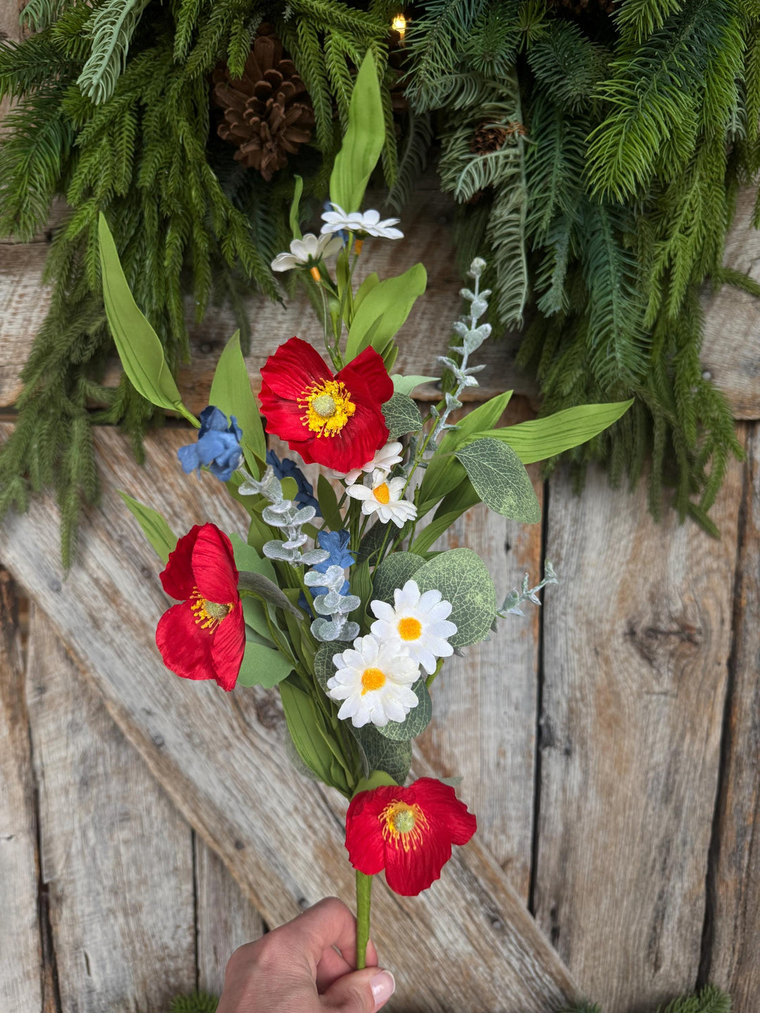 28" Patriotic Poppy Floral Spray | Red Poppies, White Daisies &amp; Blue Wildflowers | Artificial Flower Stem