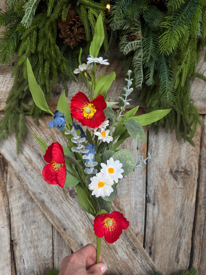 28" Patriotic Poppy Floral Spray | Red Poppies, White Daisies &amp; Blue Wildflowers | Artificial Flower Stem