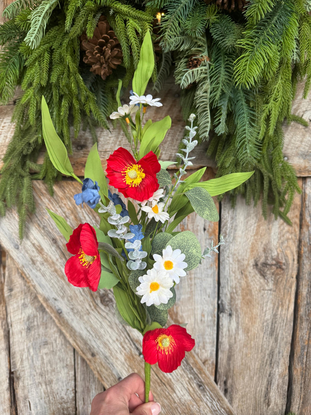 28" Patriotic Poppy Floral Spray | Red Poppies, White Daisies &amp; Blue Wildflowers | Artificial Flower Stem