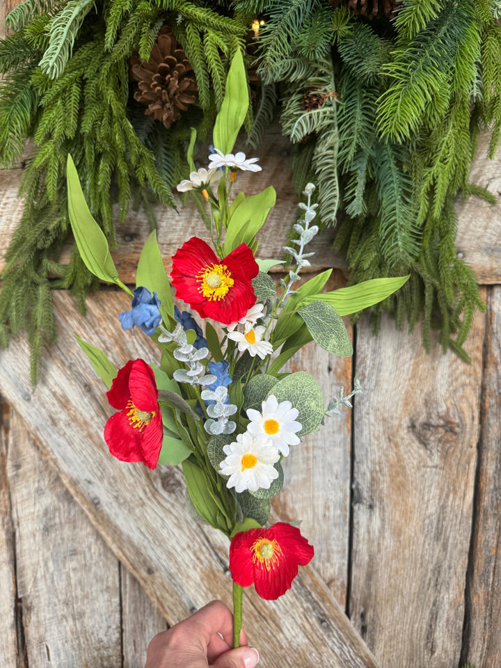 28" Patriotic Poppy Floral Spray | Red Poppies, White Daisies &amp; Blue Wildflowers | Artificial Flower Stem