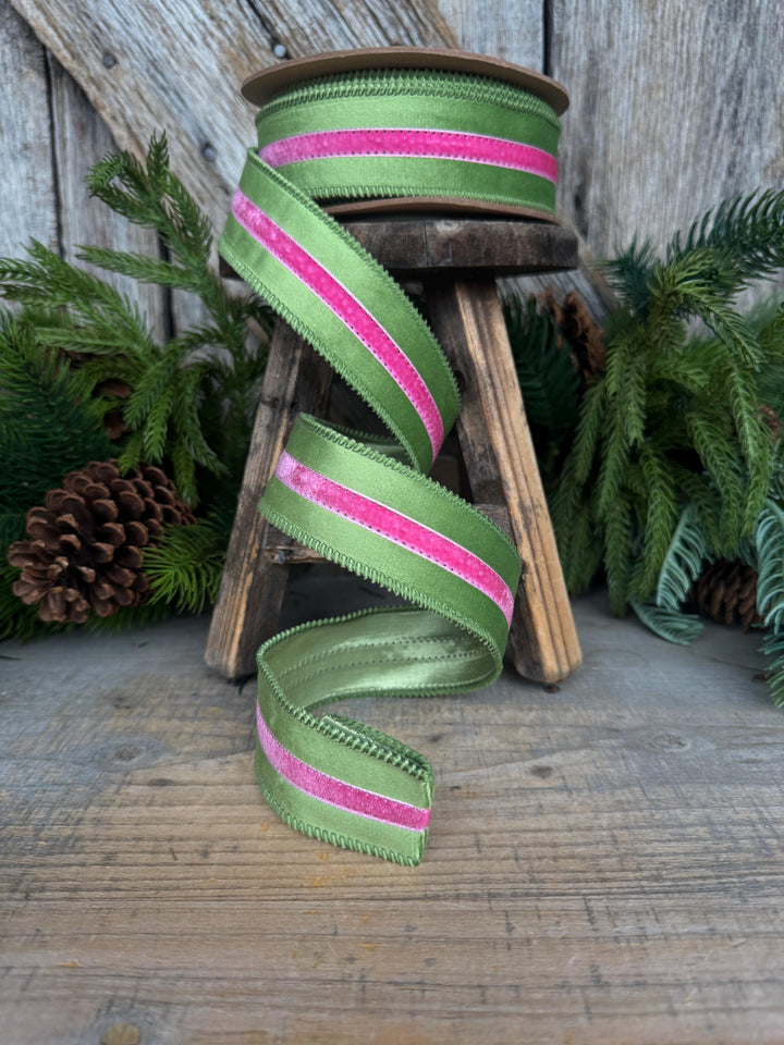 1.5” Pink &amp; Green Velvet Ribbon, Luxury Wired Ribbon, Wreath Bow Supply, 10 Yard Roll