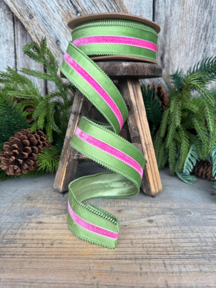 1.5” Pink &amp; Green Velvet Ribbon, Luxury Wired Ribbon, Wreath Bow Supply, 10 Yard Roll