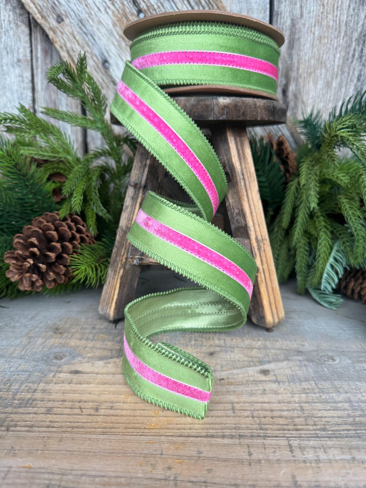 1.5” Pink &amp; Green Velvet Ribbon, Luxury Wired Ribbon, Wreath Bow Supply, 10 Yard Roll