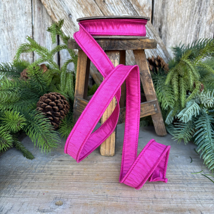 7/8" Hot Pink Dupioni Ribbon, Fuchsia Pink Ribbon, Christmas Ribbon