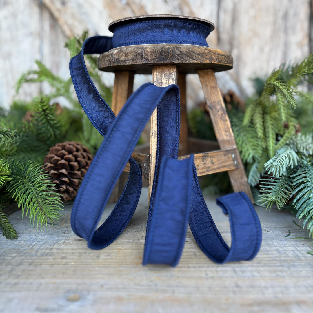 7/8" Navy Blue Dupioni Ribbon, Fall Ribbon, Christmas Ribbon, Wired