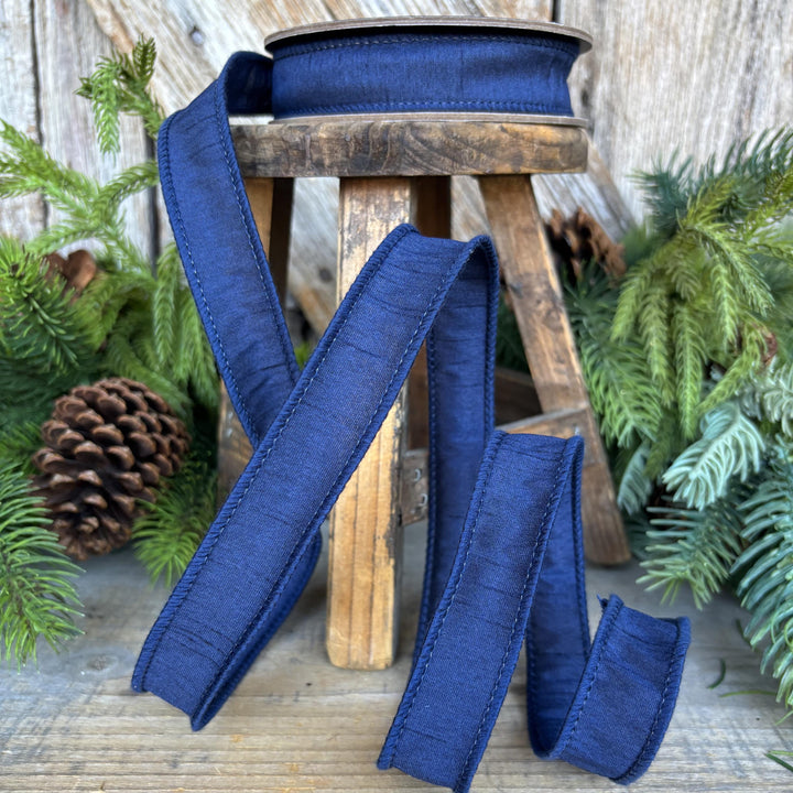 7/8" Navy Blue Dupioni Ribbon, Fall Ribbon, Christmas Ribbon, Wired