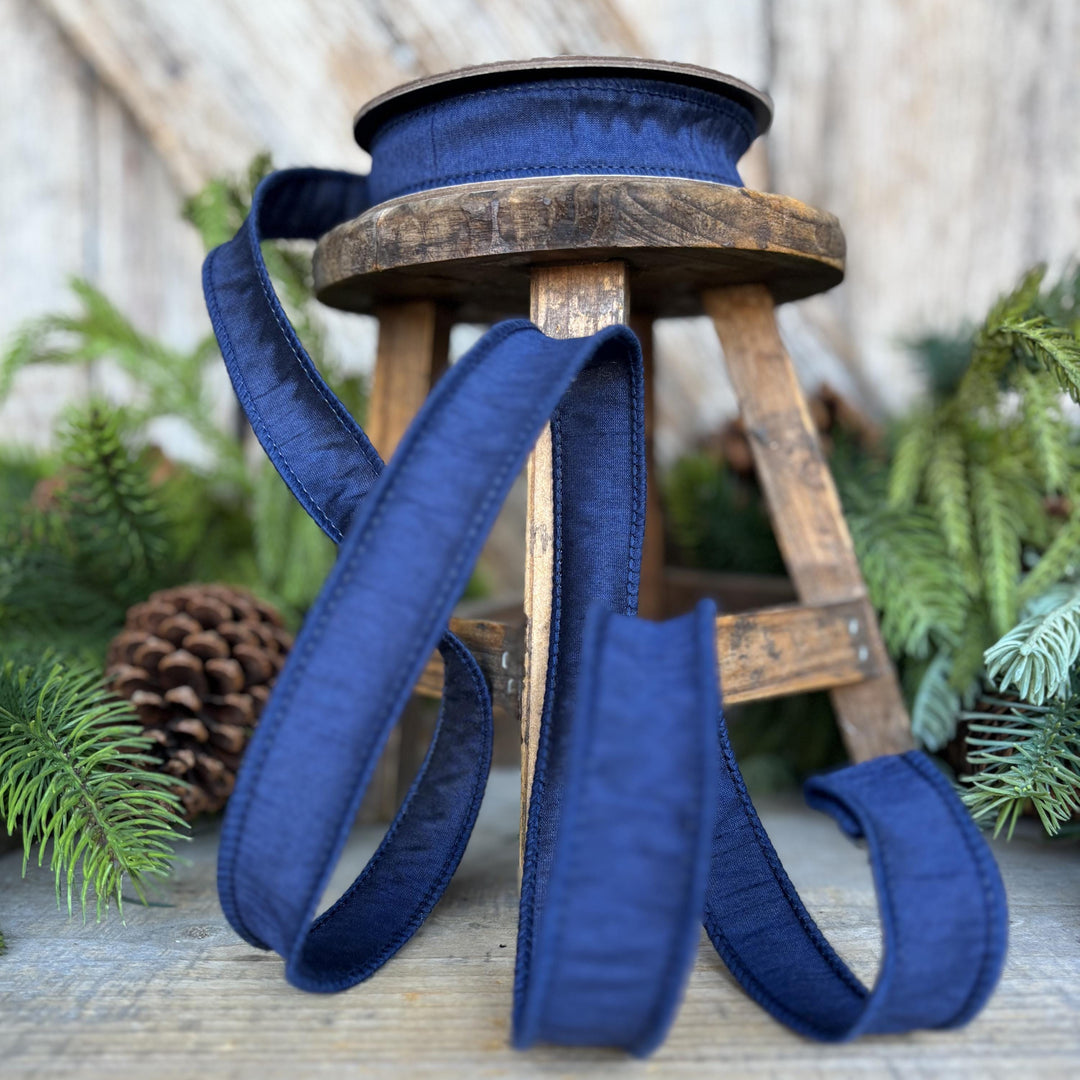 7/8" Navy Blue Dupioni Ribbon, Fall Ribbon, Christmas Ribbon, Wired