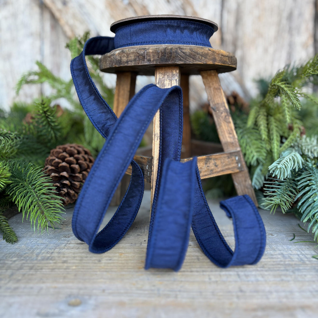 7/8" Navy Blue Dupioni Ribbon, Fall Ribbon, Christmas Ribbon, Wired
