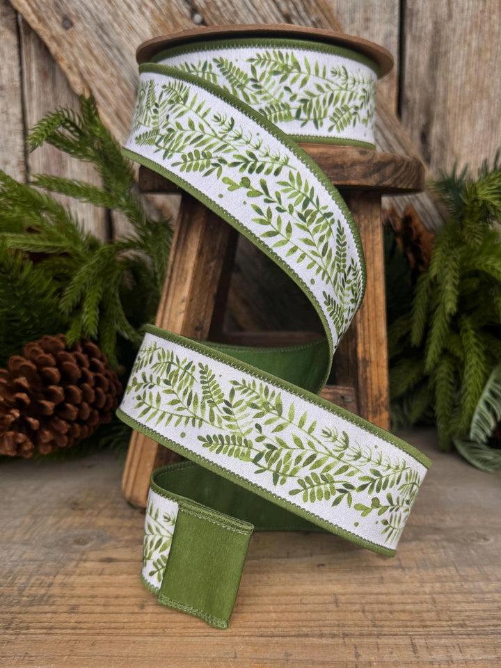 1.5" Green Leaf Ribbon, Wired Ribbon, Spring Ribbon, Wedding Ribbon, Everyday Ribbon, Green LEaf Ribbon, Green White Ribbon