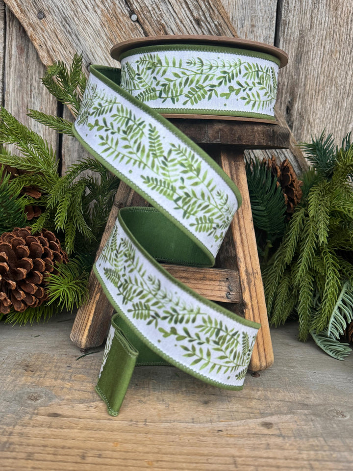 1.5" Green Leaf Ribbon, Wired Ribbon, Spring Ribbon, Wedding Ribbon, Everyday Ribbon, Green LEaf Ribbon, Green White Ribbon