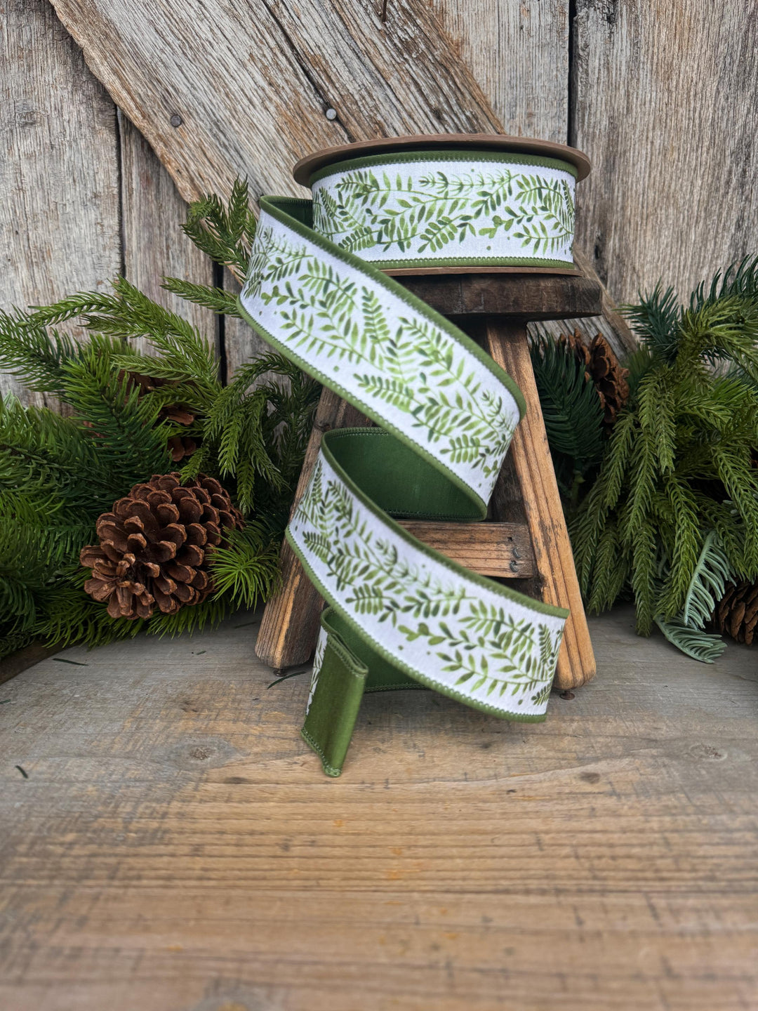 1.5" Green Leaf Ribbon, Wired Ribbon, Spring Ribbon, Wedding Ribbon, Everyday Ribbon, Green LEaf Ribbon, Green White Ribbon