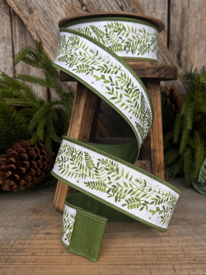 1.5" Green Leaf Ribbon, Wired Ribbon, Spring Ribbon, Wedding Ribbon, Everyday Ribbon, Green LEaf Ribbon, Green White Ribbon
