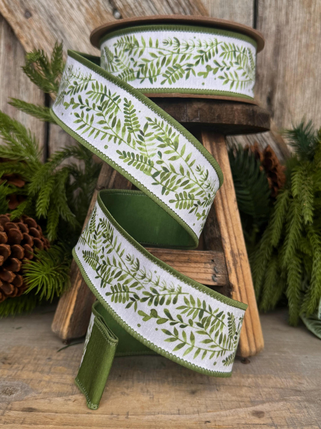 1.5" Green Leaf Ribbon, Wired Ribbon, Spring Ribbon, Wedding Ribbon, Everyday Ribbon, Green LEaf Ribbon, Green White Ribbon
