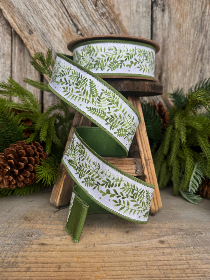 1.5" Green Leaf Ribbon, Wired Ribbon