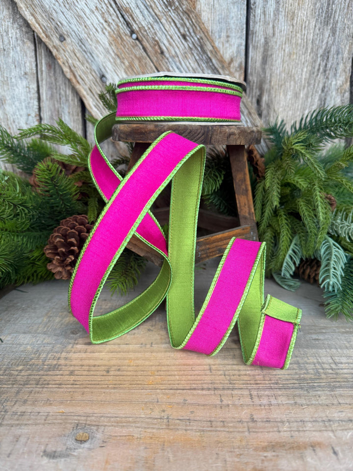 1" Hot Pink Lime Green Ribbon, Hot Pink Ribbon, Narrow Ribbon, Wired RIbbon, Designer Ribbon,Spring RIbbon