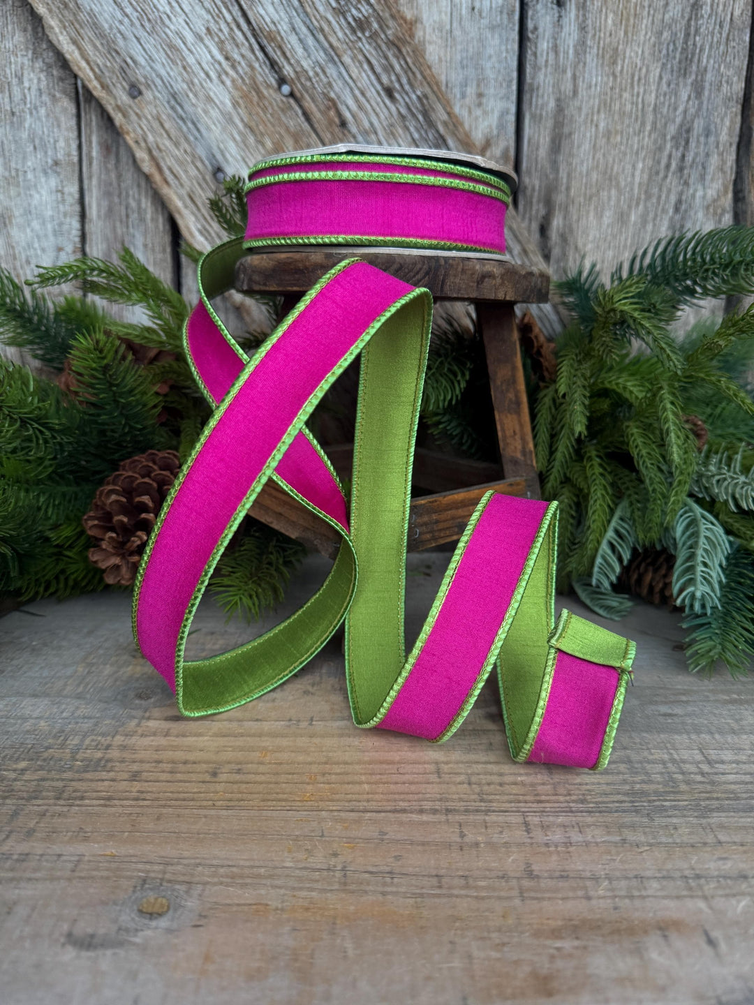1" Hot Pink Lime Green Ribbon, Hot Pink Ribbon, Narrow Ribbon, Wired RIbbon, Designer Ribbon,Spring RIbbon