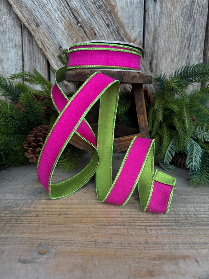 1" Hot Pink Lime Green Ribbon, Hot Pink Ribbon, Narrow Ribbon, Wired RIbbon, Designer Ribbon,Spring RIbbon