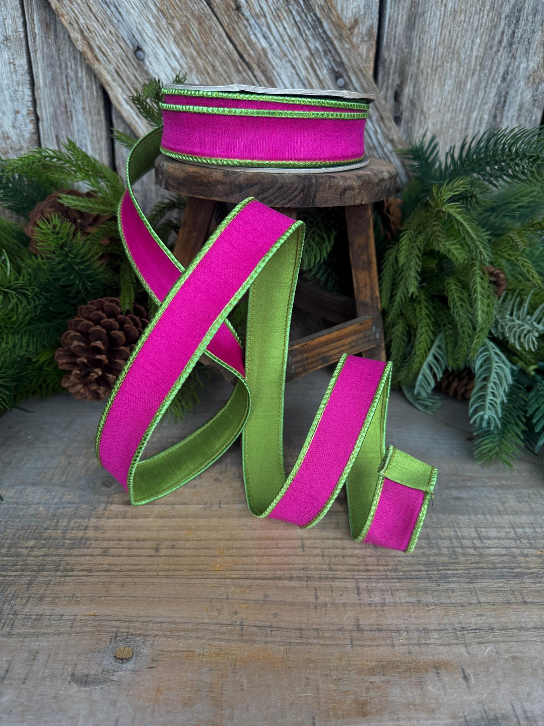 1" Hot Pink Lime Green Ribbon, Hot Pink Ribbon, Narrow Ribbon, Wired RIbbon, Designer Ribbon,Spring RIbbon