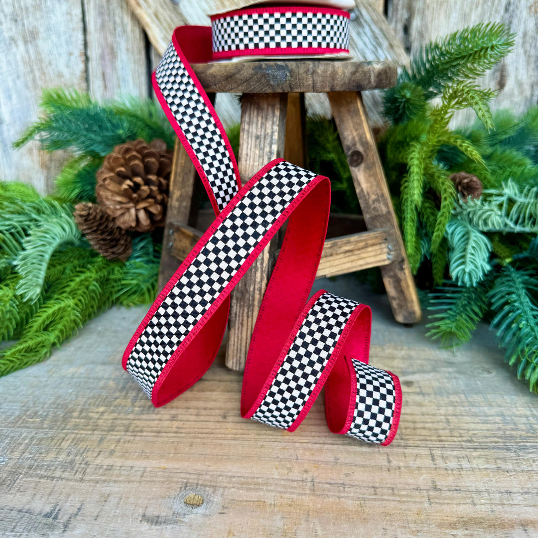 1" Black White Check Ribbon with Red Trim
