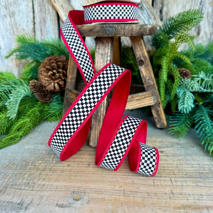 1" Black White Check Ribbon with Red Trim