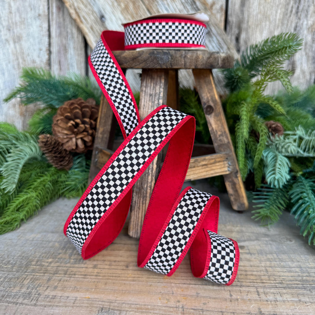 1" Black White Check Ribbon with Red Trim