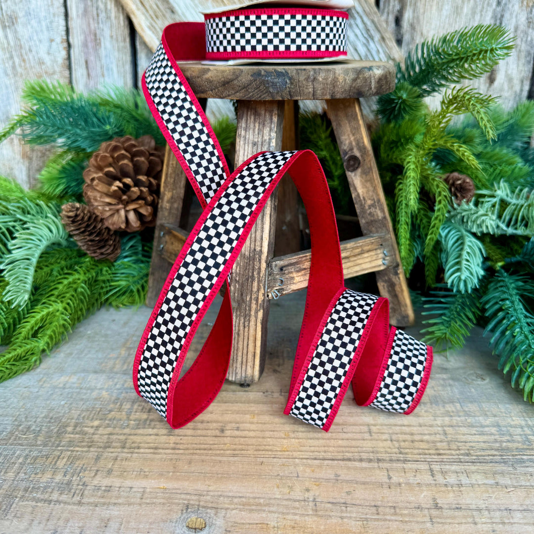 1" Black White Check Ribbon with Red Trim