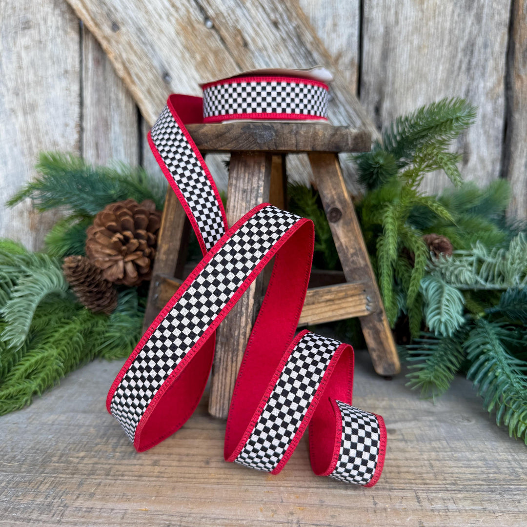 1" Black White Check Ribbon with Red Trim