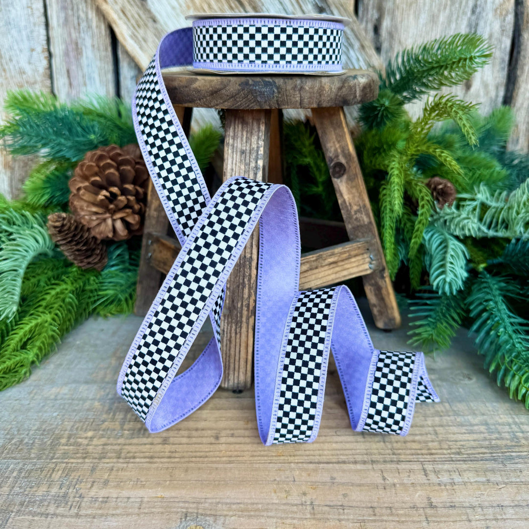 1" Black White Check Ribbon with Purple Trim