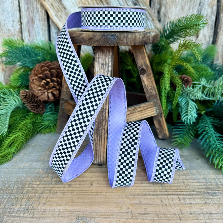 1" Black White Check Ribbon with Purple Trim