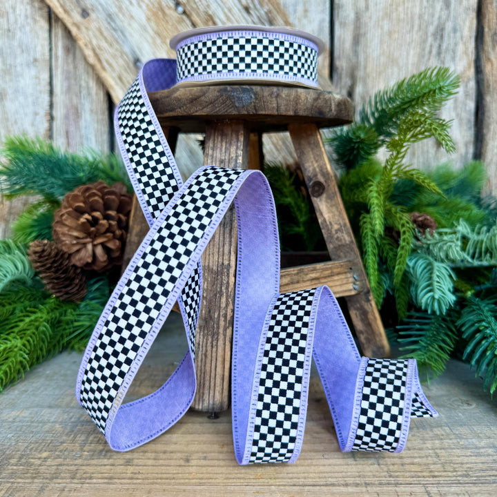1" Black White Check Ribbon with Purple Trim