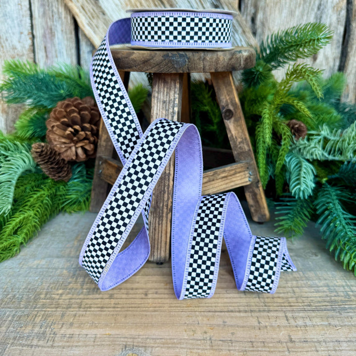 1" Black White Check Ribbon with Purple Trim