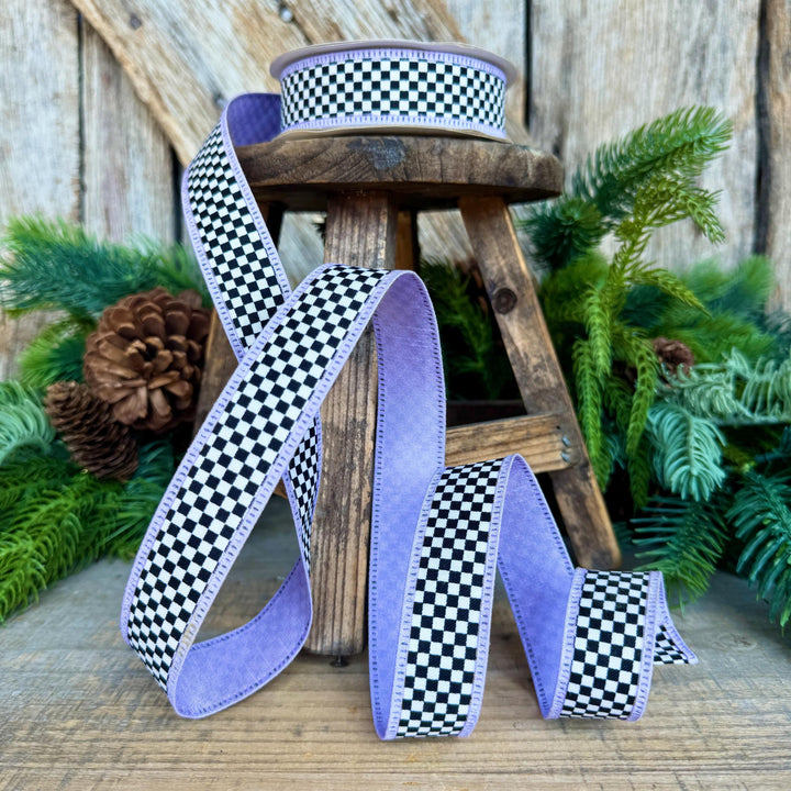 1" Black White Check Ribbon with Purple Trim