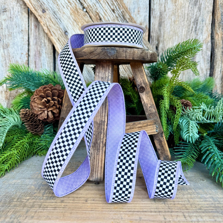 1" Black White Check Ribbon with Purple Trim
