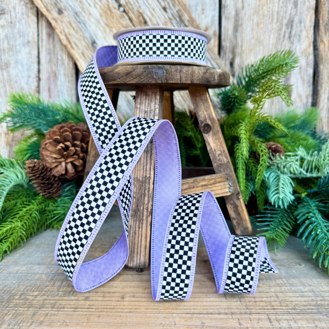 1" Black White Check Ribbon with Purple Trim