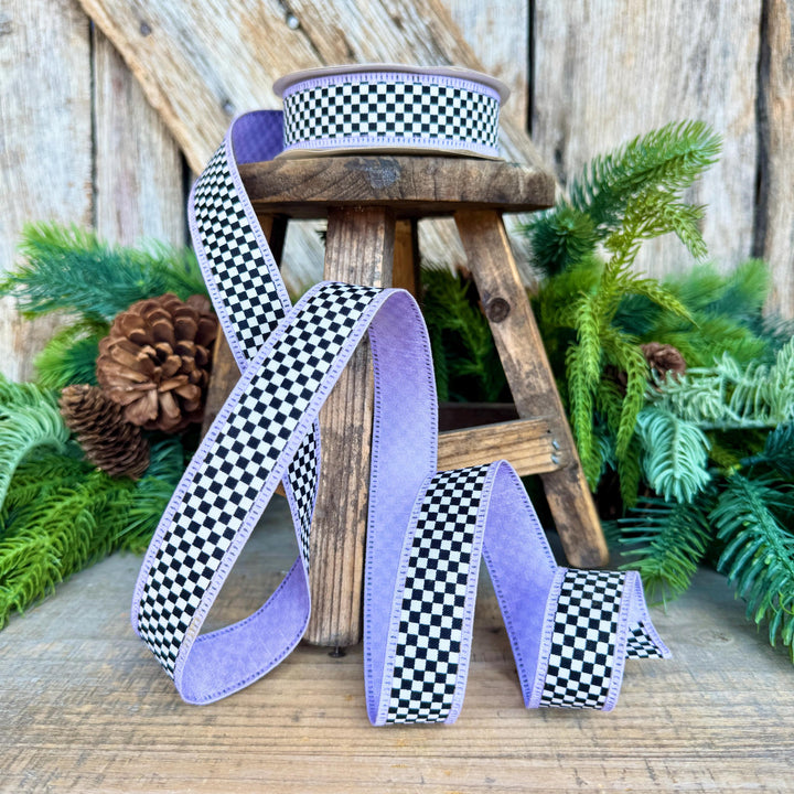 1" Black White Check Ribbon with Purple Trim