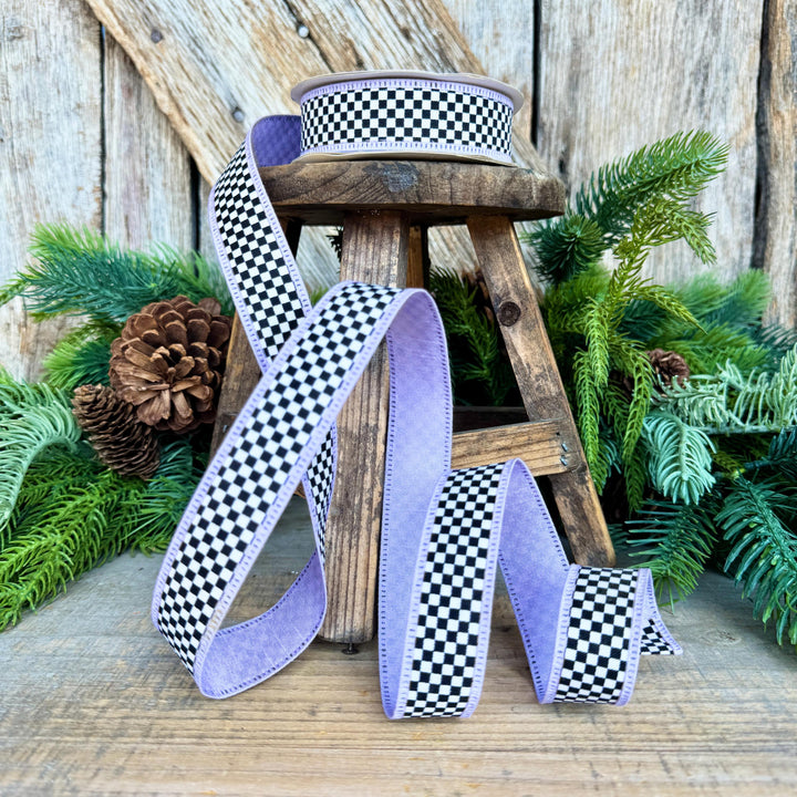 1" Black White Check Ribbon with Purple Trim