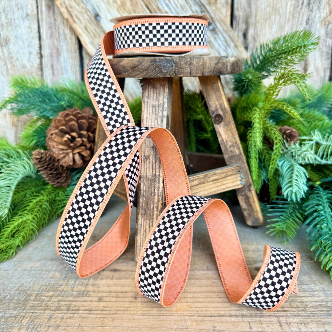 1" Black White Check Ribbon with Peach Trim