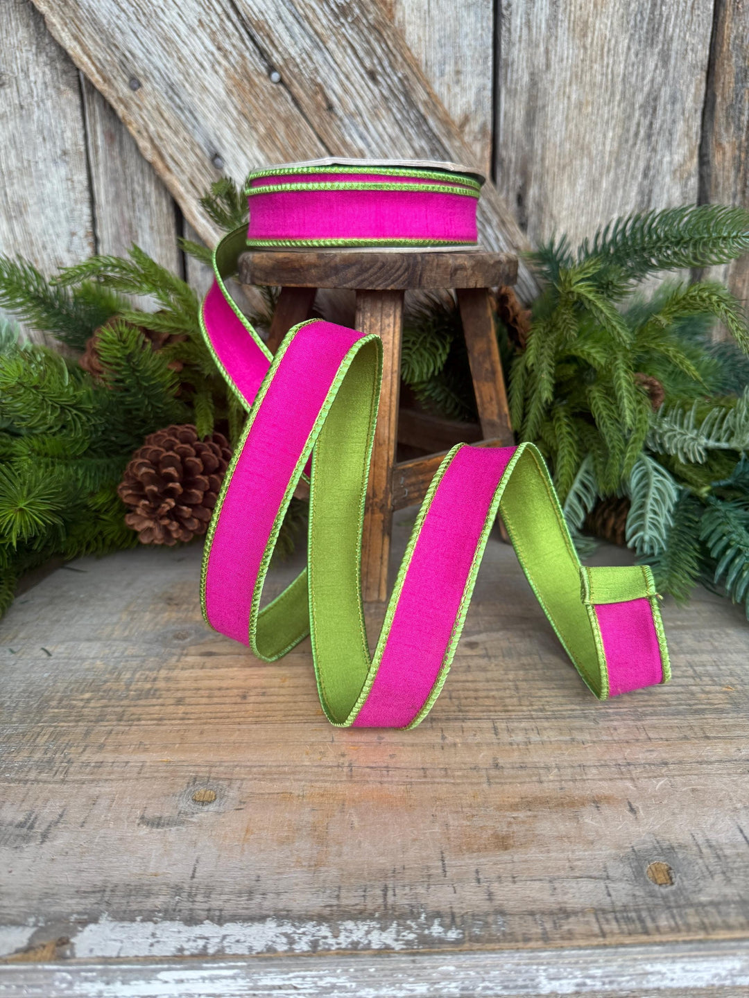 1" Hot Pink Lime Green Ribbon, Hot Pink Ribbon, Narrow Ribbon